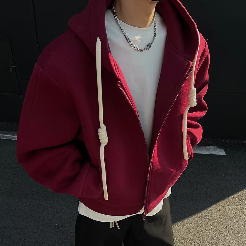 Designer Hoodie Trendy New Year Red Jacket For Men Spring High Street Style Cool Design Couple's Solid Color Cleanfit Cardigan Hooded Sweatshirt