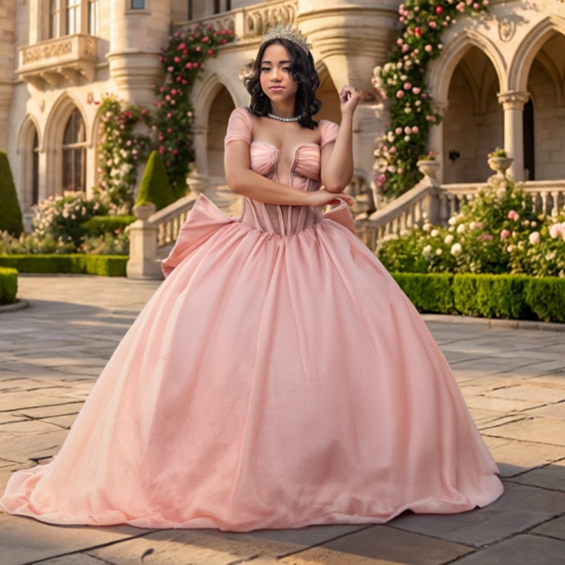 Pink Shiny Ball Gown Quinceanera Dresses 2026 Beading Bow Tull Corset Off Shoulder Sweet 16 Dress Vestidos De 15 Anos