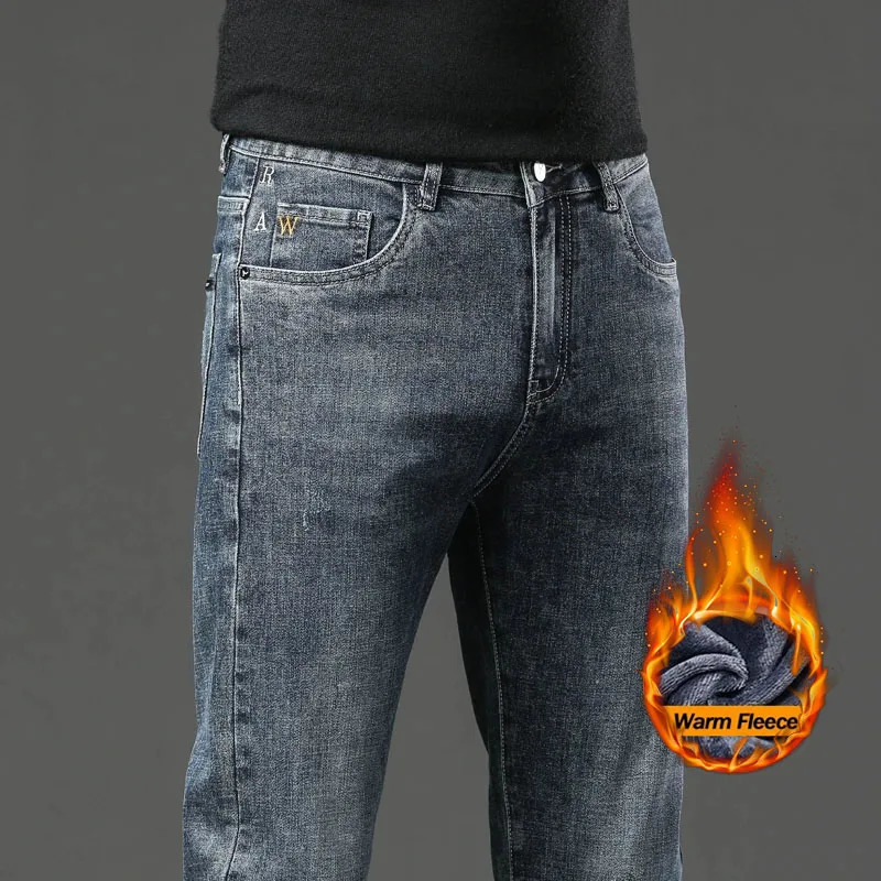 Winter Fleece Lined Warm Mens Jeans Slim Straight Korean Velvet Denim Pants Retro Soft Thick Casual Trousers Daily Outdoor Wear 260228