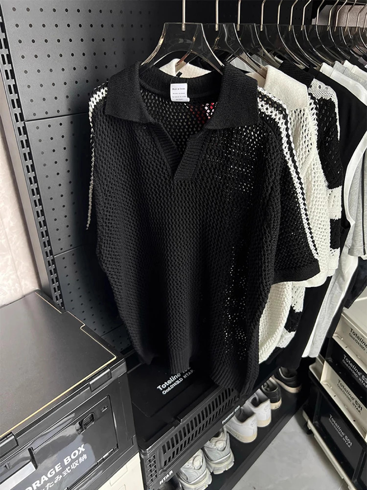 Vintage Hollow Out Knitted Polo Shirt Mens Fashion Striped Short Sleeve Lapel Mesh Tops Men Summer Casual Knitting Jumper 260311