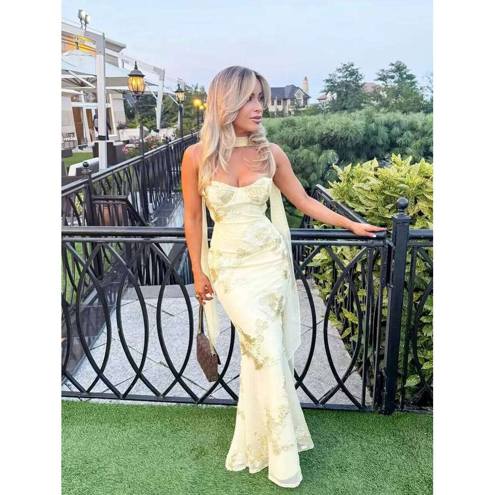 Mingmingxi Women Maxi Backless Sexy 3D Floral Embroidery Mermaid Gown Yellow Formal gala Prom Party Dress Long C260312