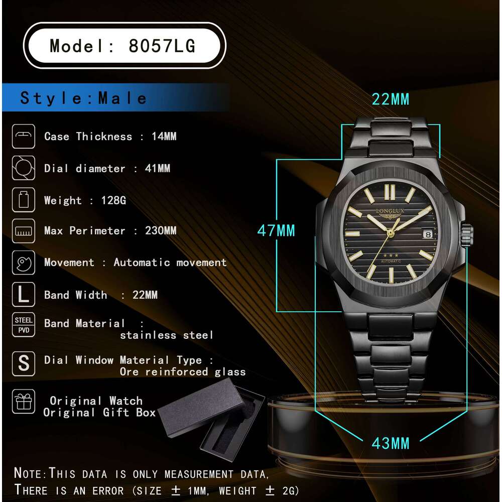 LONGLUX automatic business luxury mechanical wristwatches wholesale steel date waterproof mens watch men gift