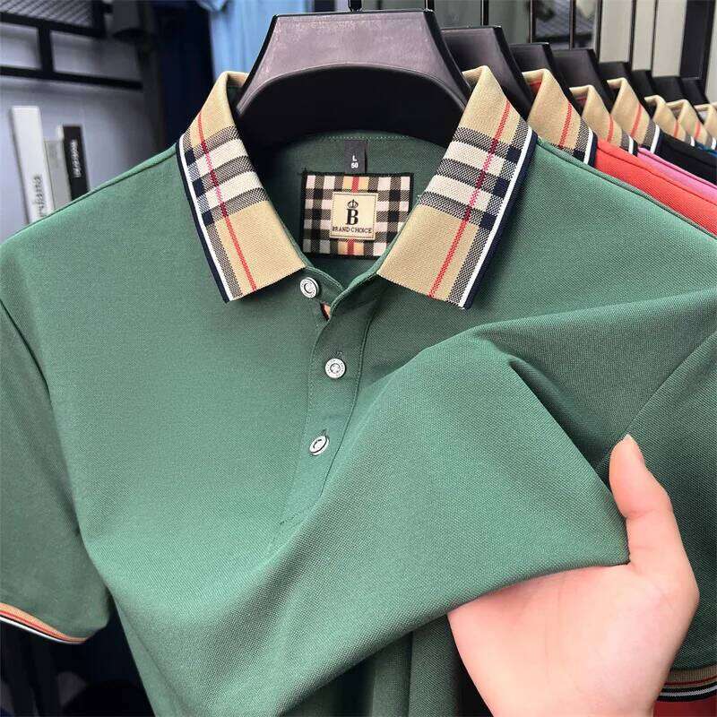 High end silky cotton breathable short sleeve polo shirt men's summer new trend plaid lapel designer brand casual T-shirt 26H0312