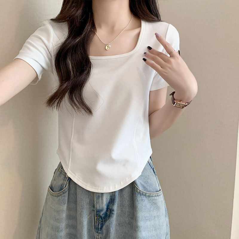 Off-shoulder Square Designer Shirt Neck Short Sleeve T-shirt Designer Hoodie Women's Polo Shirt Solid Color Summer New Fashionable Youthful Fishb