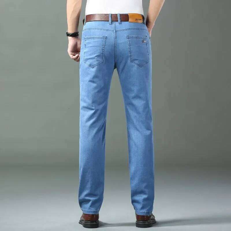 New Ice Silk Thin Denim Jeans For Men Blue Straight Stretch Cotton Pants Business Casual Lightweight Trousers Spring Summer 26Y0312