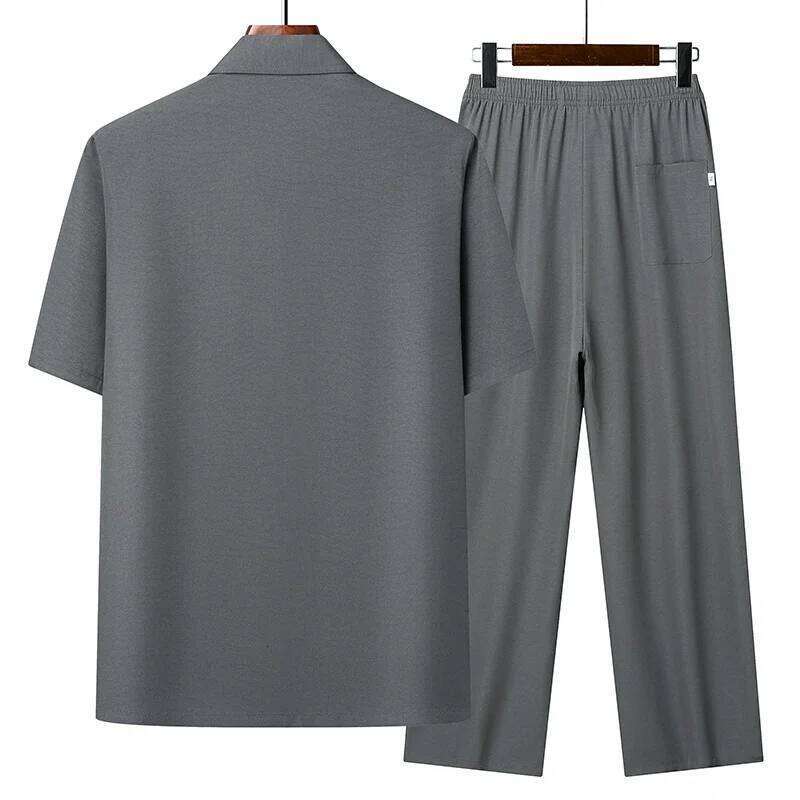 Top + Pants Summer Leisure All Match Middle-aged and Old Dad Men Fashion Trend Grandpa Loose Lapel Half-sleeve Shirt Set