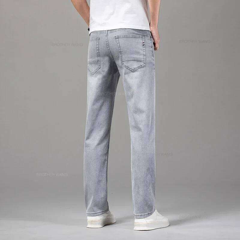 Summer Thin Men's Elastic Cotton Jeans Fashion Gray Comfortable Business Straight Casual Pants Brand Male Clothes Trousers 26Y0312