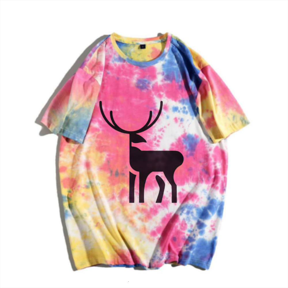 Rainbow gradient tie dye geometric reindeer short sleeved T-shirt American street loose half sleeved new Chinese minimalist deer tie dye men's T-