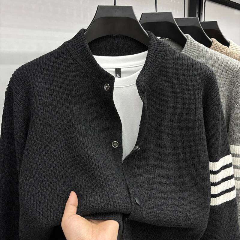 2025 Autumn/Winter Men's Fashion Striped Button-down Baseball Collar Versatile Casual Cardigan Sweater