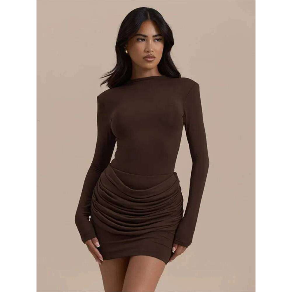 Solid Color Gathered Hip Cover Long Sleeve Dress Women's Spring Summer New Casual Round Neck Dresses For Women Ropa Mujer C260312