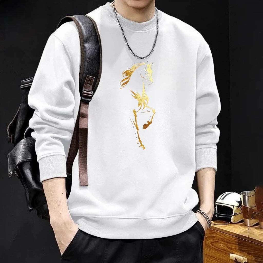 2026 New Trendy Red Swetshirt With Horse Print For Men Autumn/winter Round Neck Design Fleece-lined Long Designer Hoodie Sleeve Bse Shirt