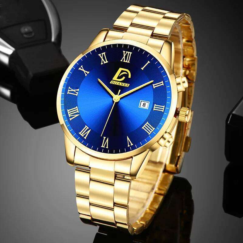 6P/Set Golden Quartz Men, Gold Business Casual Fashion Watch Set for Men