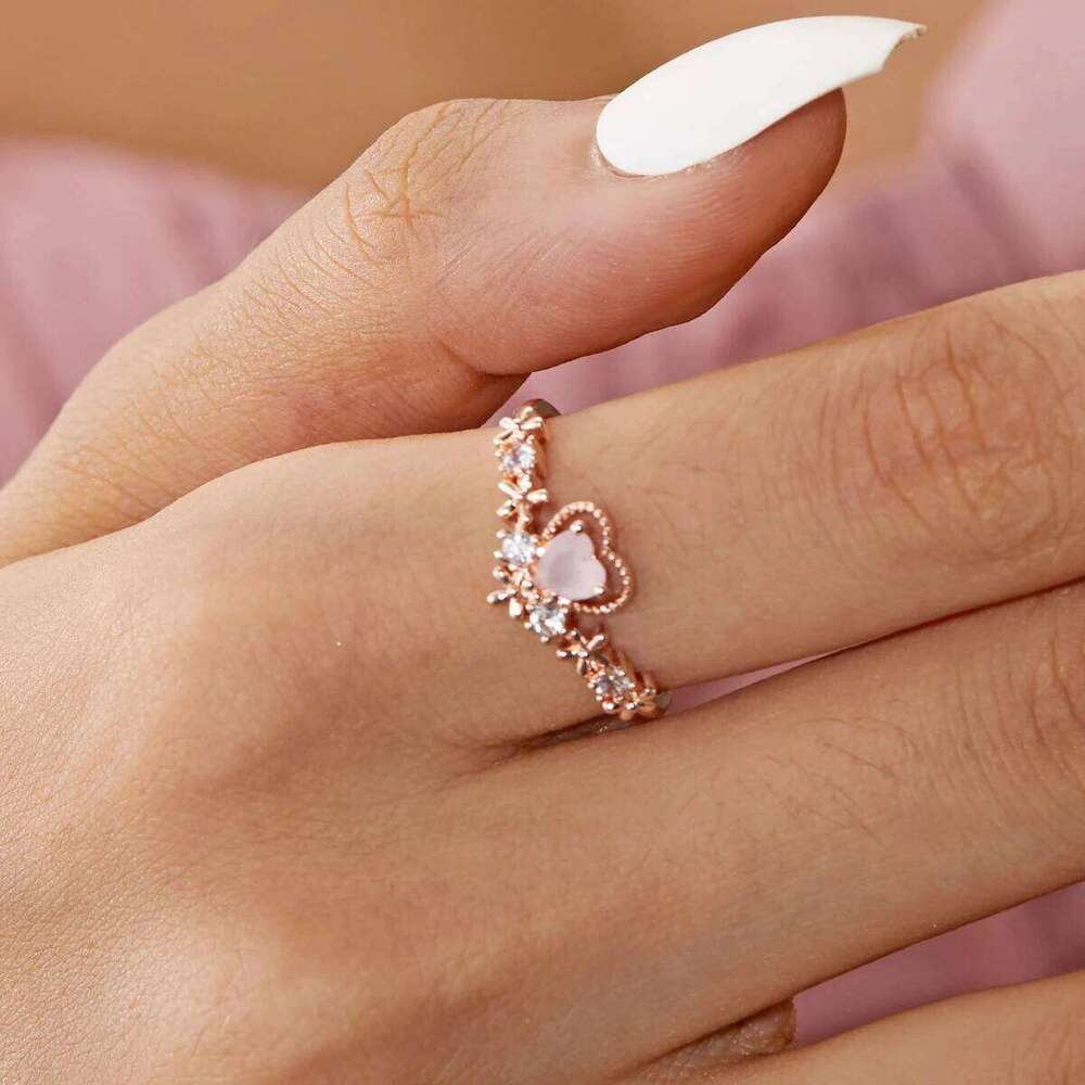 Korean CZ Sweet Crystal Zircon Heart Ring For Women Exquisite Shell Flower Opening Finger Rings Girls Princess Wedding Jewelry H260312