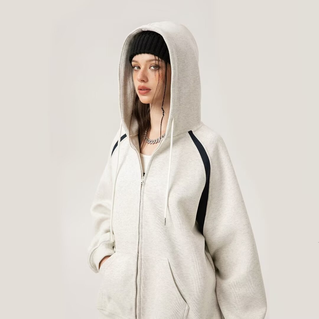 Heavyweight 380g Composite Cotton Raglan Sleeve Color-block Hooded Zipper Sweatshirt Designer Hoodie Men's College Style Loose Jacket Unisex