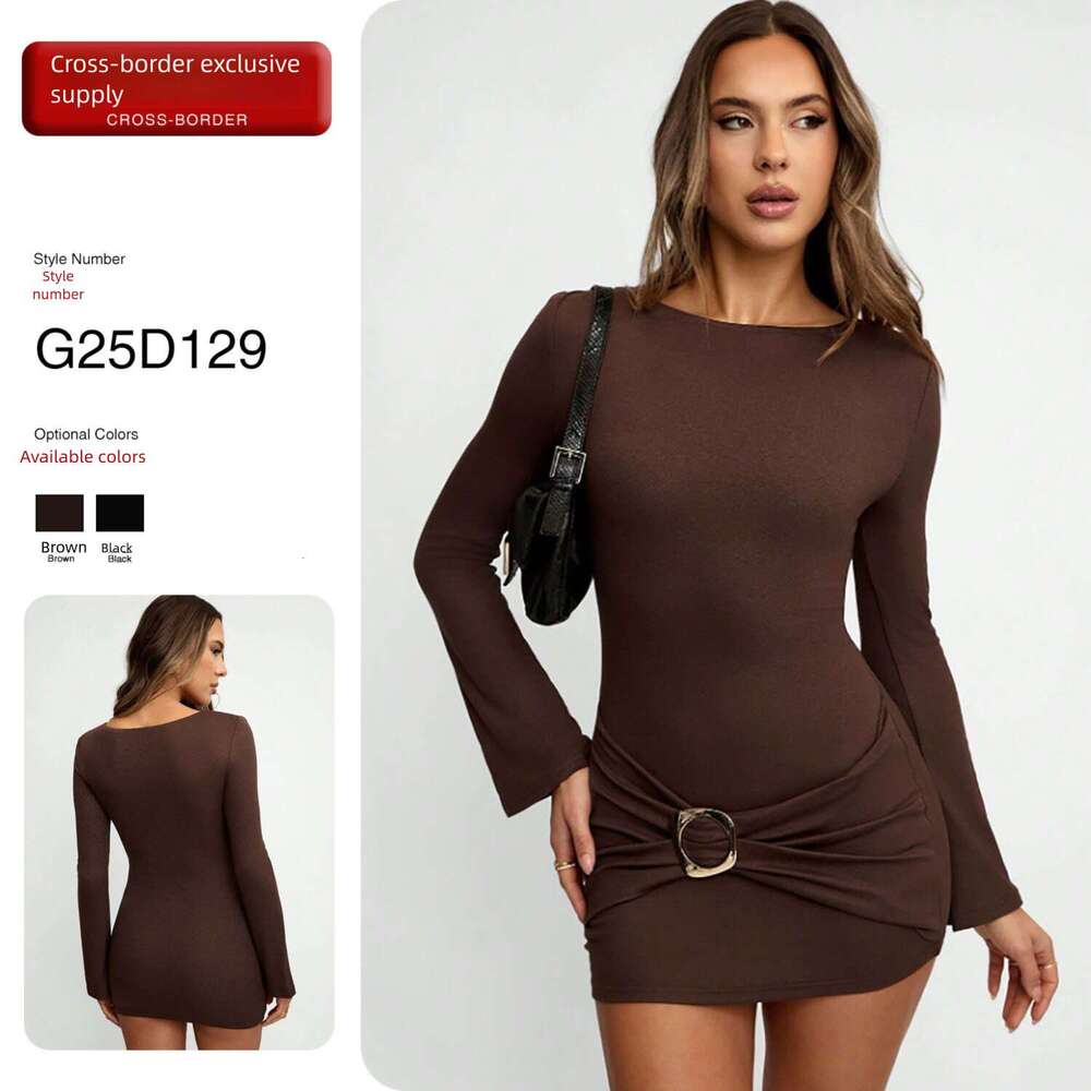 New European and American cross-border foreign trade women's clothing, solid color round-neck bodycon dress, Amazon e-commerce slim-fit long-slee