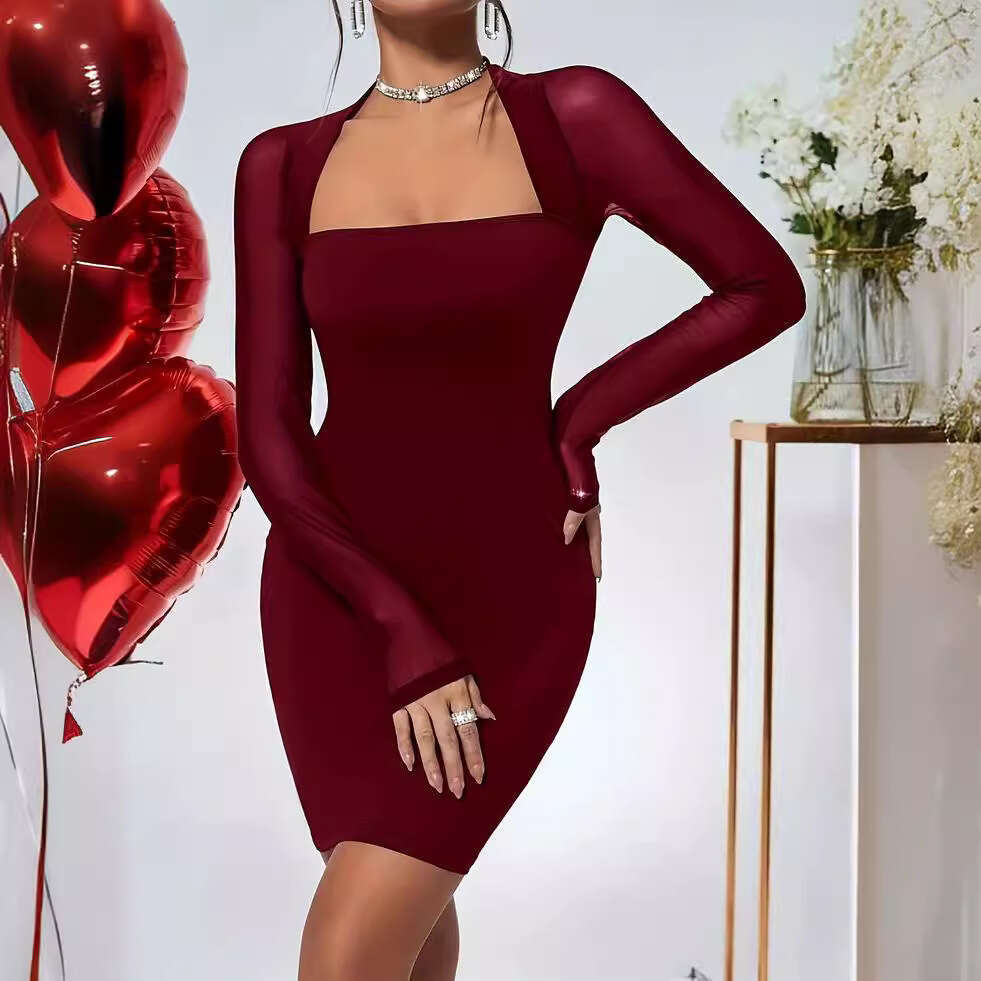 2024 Fall/Winter New European and American Women's Fashion Sexy Square Neck Slim-Fit Long-Sleeve Knit Bodycon Dress Short Skirt