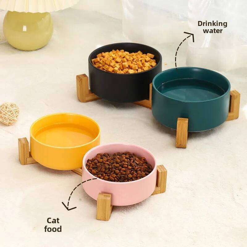 Dish With Wood Stand No Spill Ceramic Double Bowl For Dog Cat Food Water Feeder Cats Small Dogs Pet bowl 26Y0312