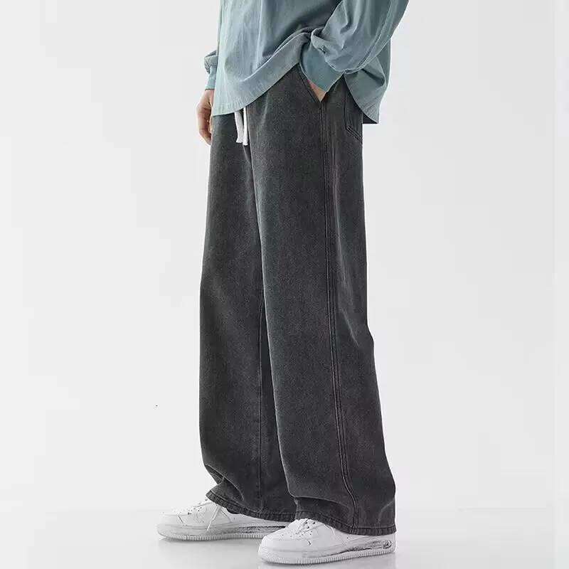 Light Wash Men's Drawstring Jeans Loose Straight Floor-Length Trendy Casual Wide Leg Long Trousers Comfortable Fit 26Y0312