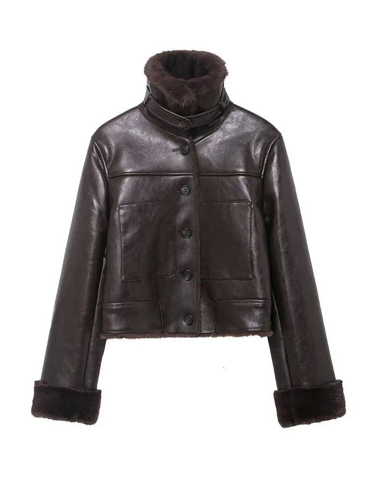 HH Women Chic Reversible Faux Fur Jacket Woman Fashion High Collar Single Breasted Pocket Decorated Long Sleeve Warm Winter Coat