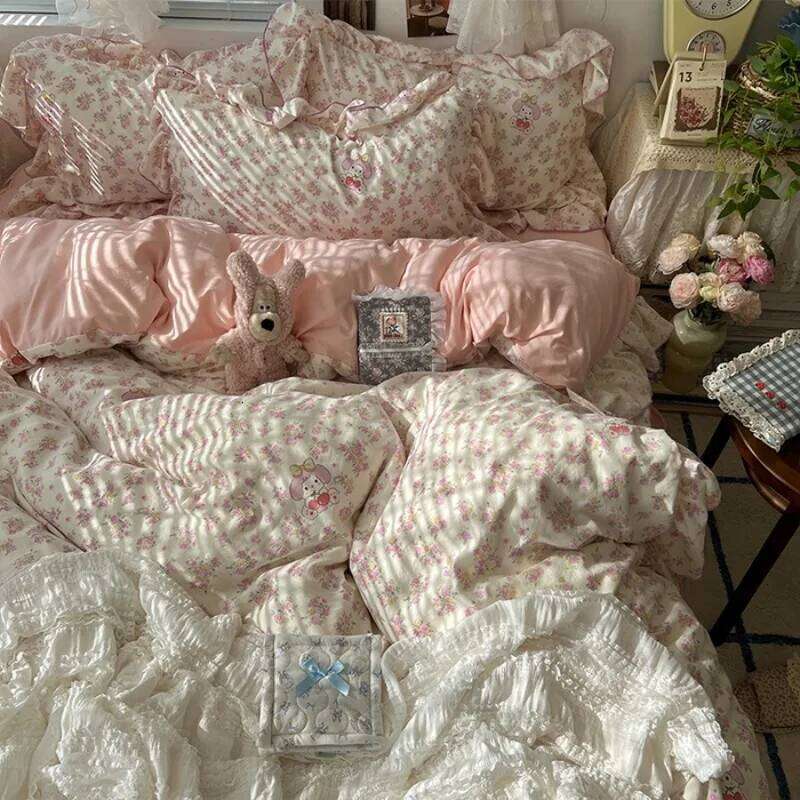 2025 New Korean Small Flower Wash Cotton Four Piece Princess Style Lace Bedding Set 4pcs bed skirt style H260312
