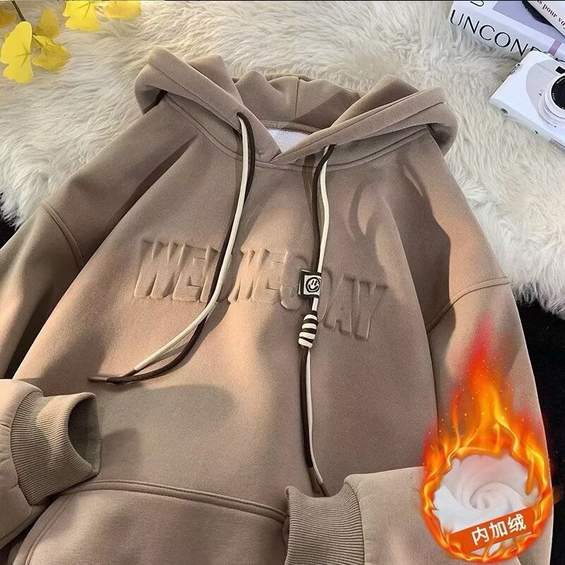 Heavyweight Hooded Sweatshirt For Men Autumn And Winter Trendy Brand Loose Designer Hoodie Fit Fleece-lined Thickened Embossed Jacket