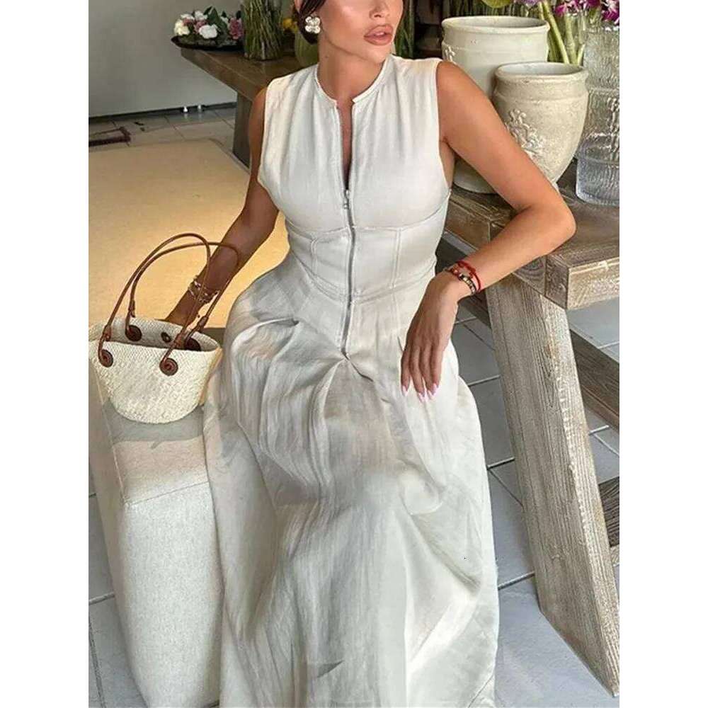 MUJER Zipper Long Woman Pleated Sleeveless Bodycon Dress Summer Elegant Party For Women 2025 New Midi Dresses C260312