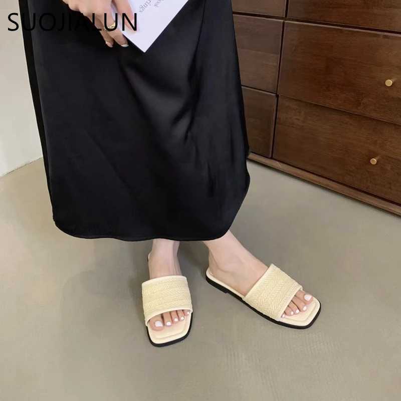 SUOJIALUN Summer New Women Slipper Fashion Square Toe Open Toe Slip On Slides Soft Flat Heel Ladies Vaction Outdoor Shoes K260312