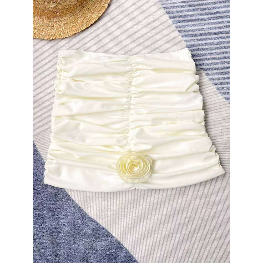 2024 New Sexy Flower Three Pieces Bikini Set Swimsuit For Women Bandeau Push Up Swimwear Female Bathing Suit Beach Skirt Y260303