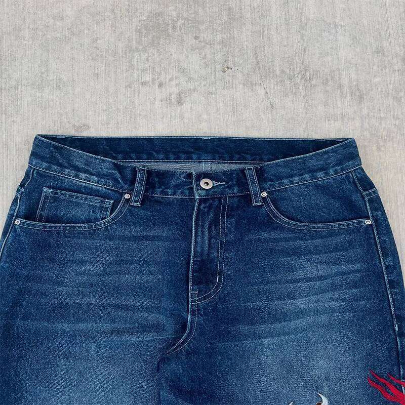 Dragon Graffiti Embroidery Dark Blue Loose Wide Leg Distressed Jeans Y2K High Waist Men Women Vintage Casual Daily Streetwear 26Y0312