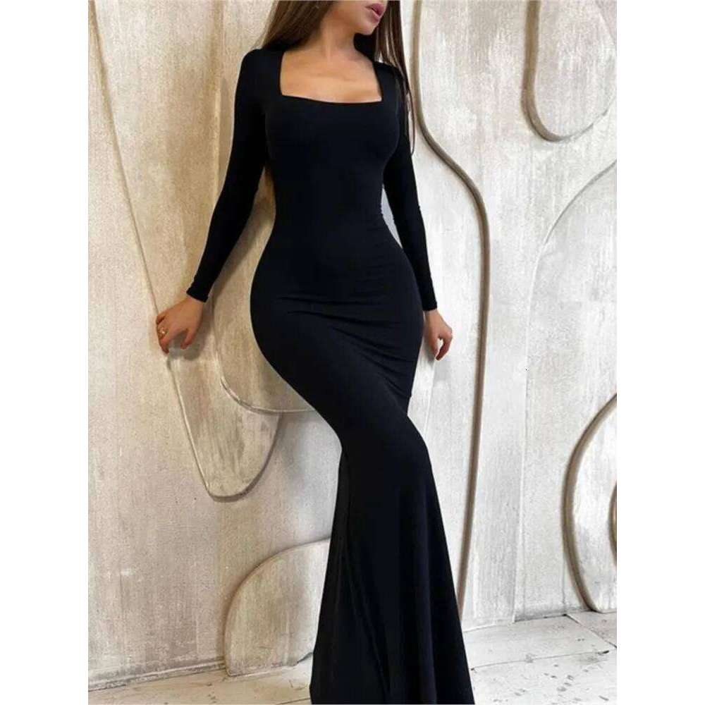 Sexy Black Slim Dresses Women Long Sleeve Square Collar Low Cut Package Hip Bodycon Maxi Dress Fashion Party Club Vestidos C260312