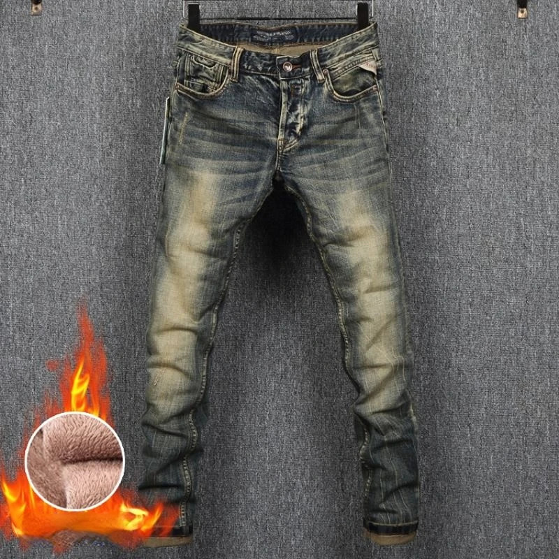MEN FASHION Korean Style Clothes Brushed Fleece Denim Cargo Vintage Winter Straight Slim Streetwear 90s Trousers for Men 260228