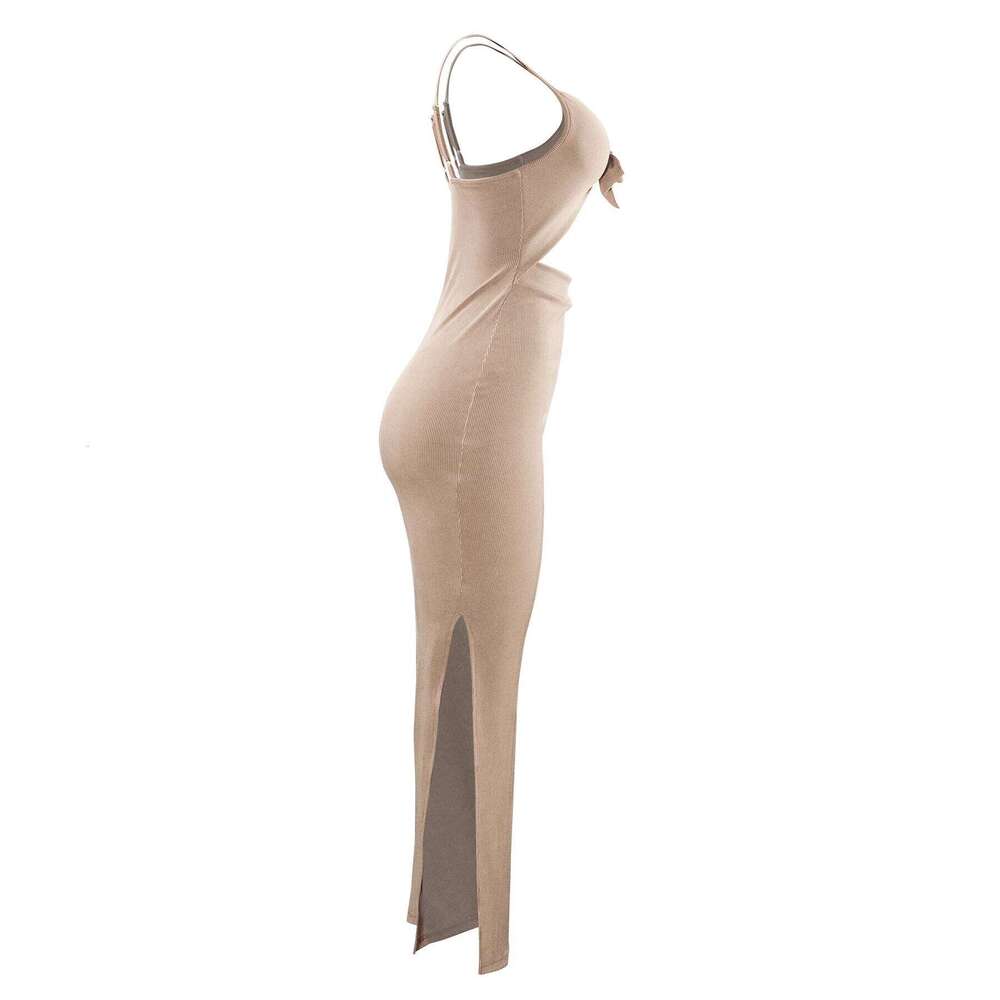 Europe America knit simple sleeveless suspender dress in spring summer, leaking back and sexy long skirt with neck. C260312
