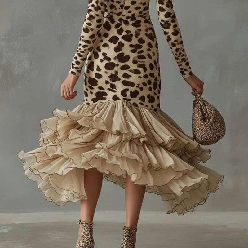 V-Neck Print Stone Pattern Patchwork Mesh Women's Autumn Sleeve Layered Irregular Skirt Banquet Long Dress For Dating C260312