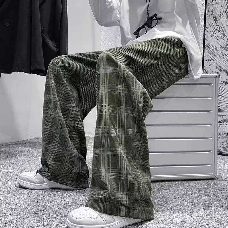 Checkered men's spring and autumn fat plus size trendy loose Korean version versatile wide leg casual pants spor