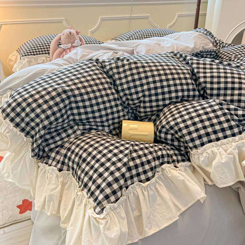 Korean Princess Bedding Set Soft Skin-friendly Ruffles Quilt Cover Plaid Style Duvet Covers Bed Sheet Pillowcases 3/4Pcs H260312