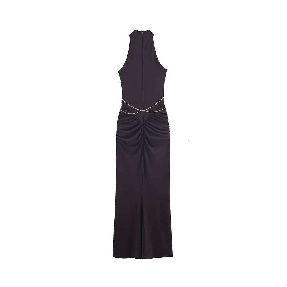 TFMLN Women's Chain Halter Long Dresses Slim Fit Sleeveless Pleated Waist-cinching Party Sexy Ladies Club Maxi Dress C260312