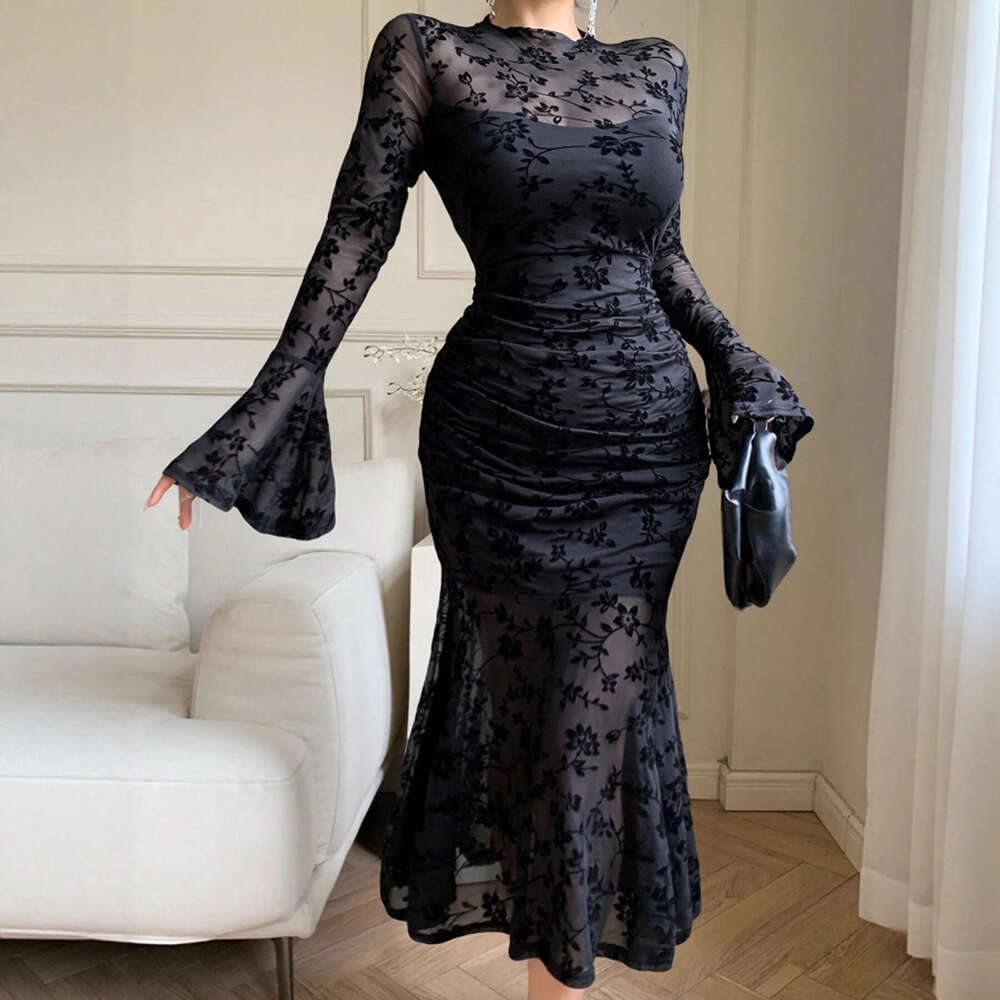 French Niche High-End Flared Sleeve Sexy Mesh Flocked Bodycon Mermaid Dress Elegant Versatile Evening Gown