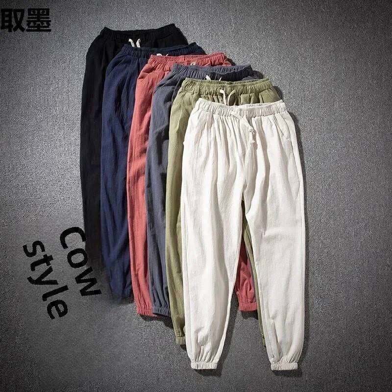 Spring Summer Thin Breathable Men Loose-Fit Straight-Leg Chinese Style Cotton Casual Linen Long Pants Pl