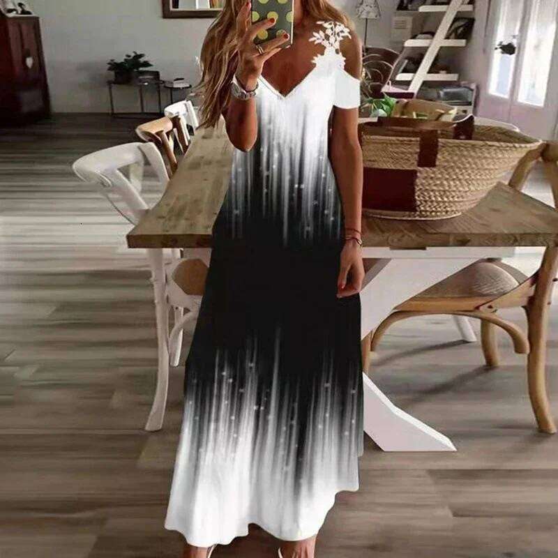 Women's Printed White Lace Sleeveless Suspender Summer Fashion Casual Long Dress C260312