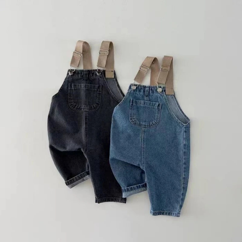HY230201 Korean Style Color Block Baby Overalls Boys Girls Spring Autumn Denim Pants Pure Versatile Unisex Rompers 260311