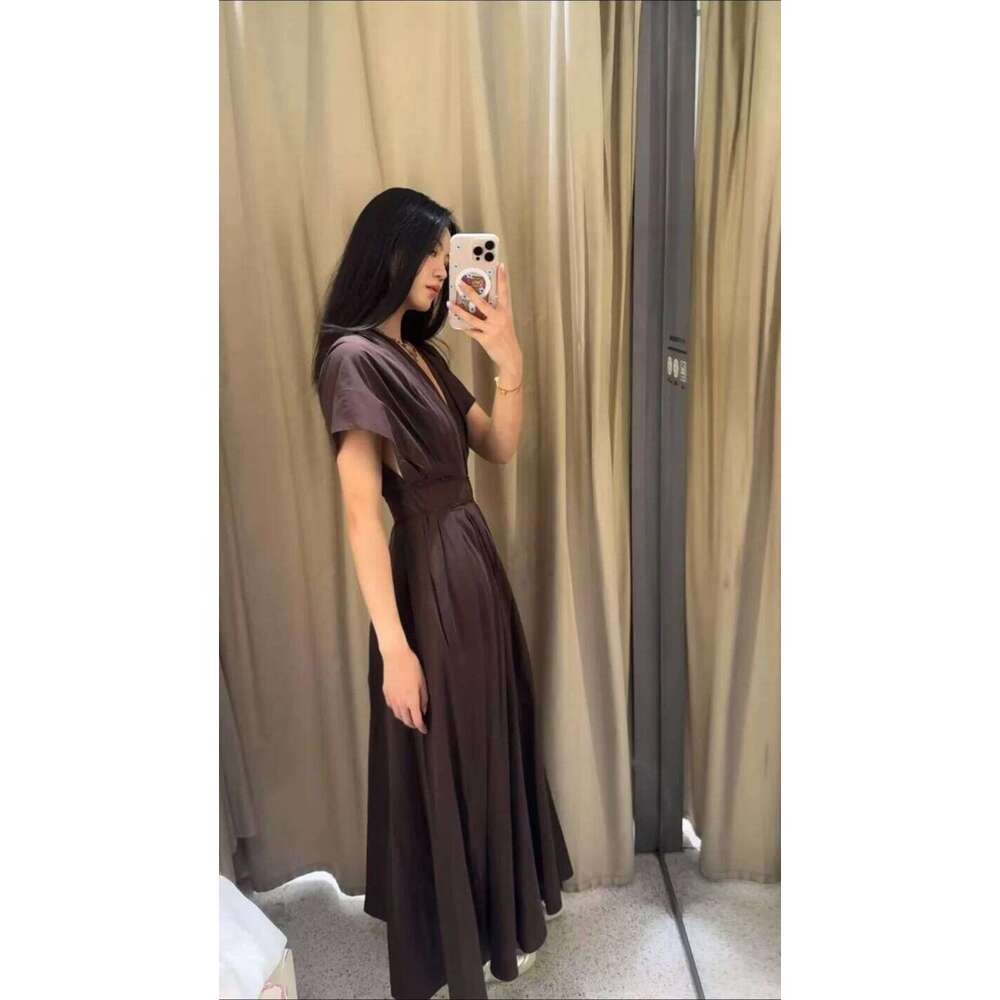 ETJ Summer 2025 women's elegant party Vintage V-neck fashion pleated lace-up MIDI poplin dress C260311
