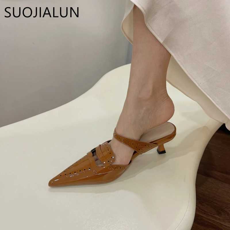 SUOJIALUN 2024 Spring New Women Slipper fashion Pointed Toe Slip On Mules Shoes Thin High Heel Outdoor Dress Sandal Pumps K260312