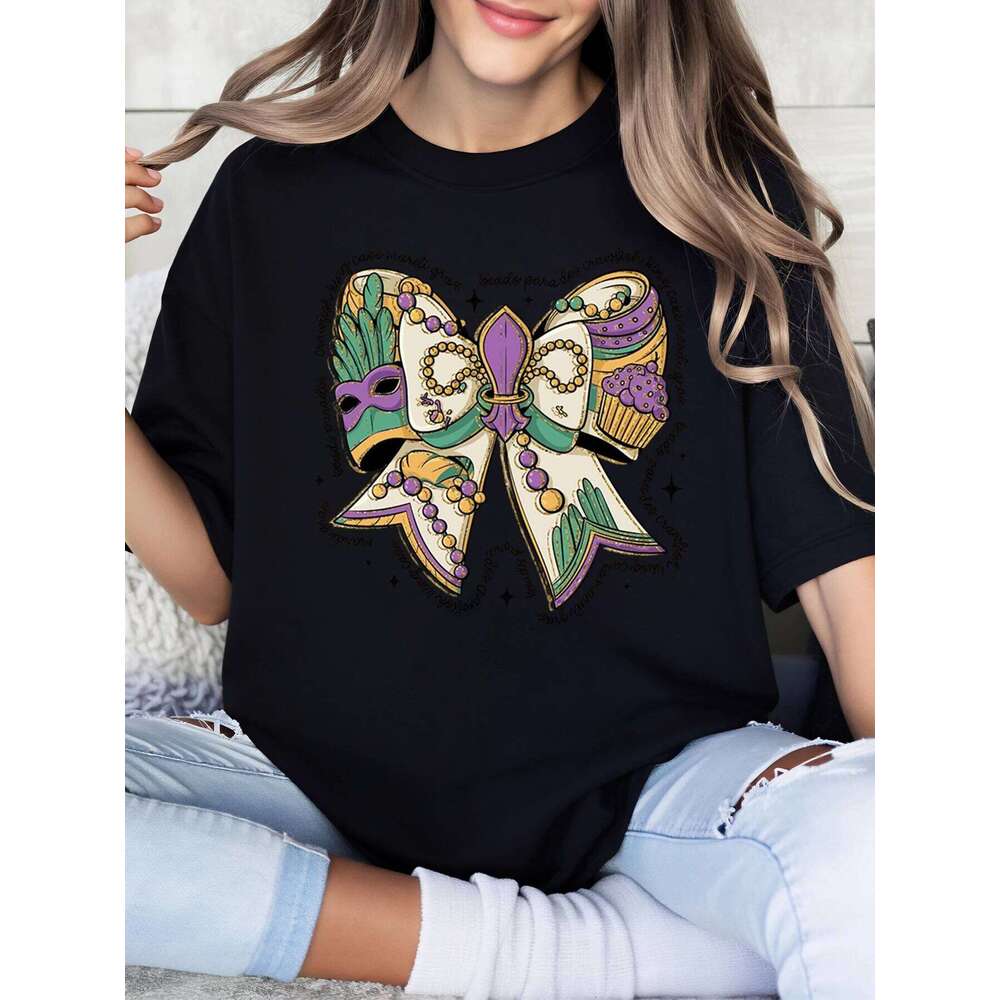 Mardi Gras Bow and Mask Print t Shirt Festival Women Casual Wear Black Plus-Size Z260312