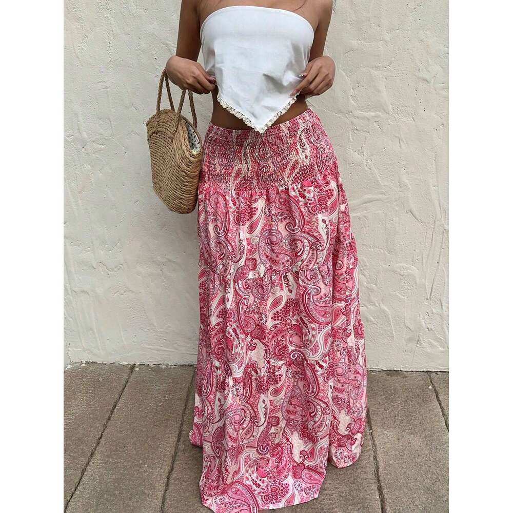 2025 European and American Cross-Border Foreign Trade Vacation Style Elastic Waist Long Skirt