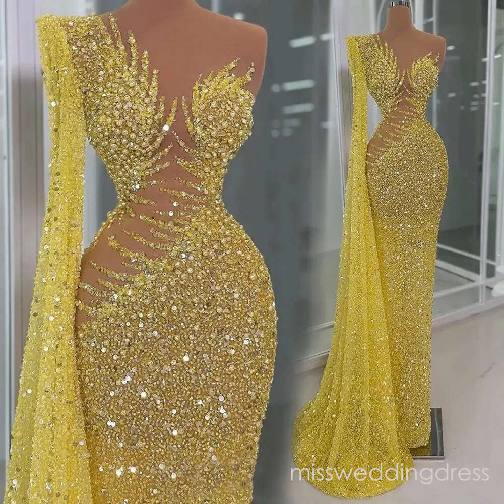 Prom Evening Dresses Illusion Mermaid Promdress Beaded One Shoulder Sequined Lace Pearls Second Receptio G12