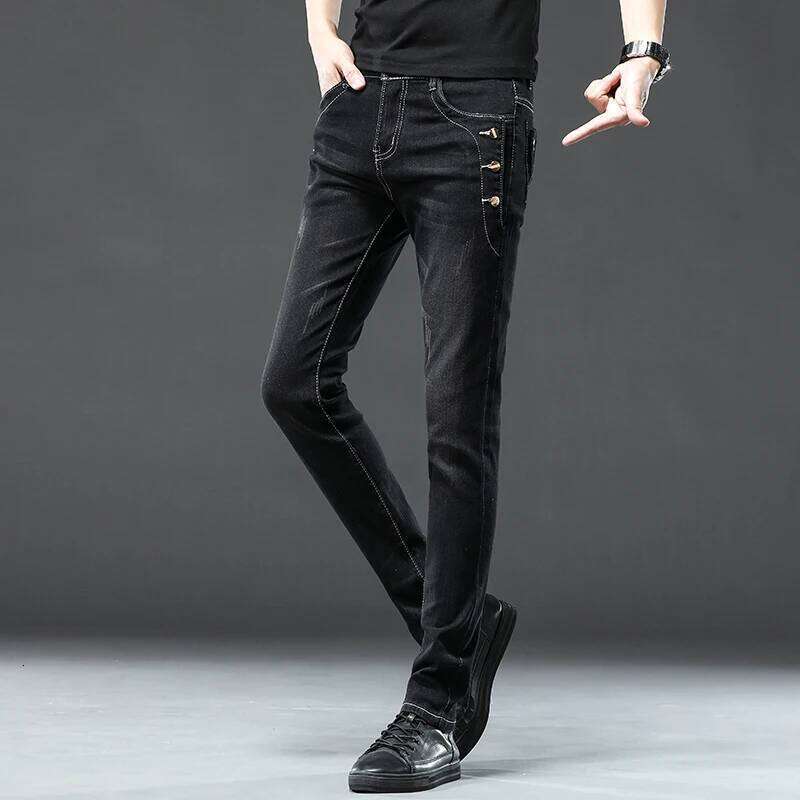 New Men Slim Korean Button Jeans Black Skinny Solid Color Stretch Multi-button Youth Male Denim Pants Streetwear 26Y0312