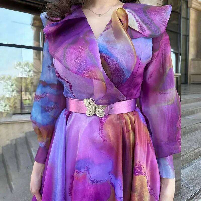 Print Dress Women Long Dresses Full Sleeve Sashes Tight Waist 2024 Autumn Female Temperament Elegant Office Lady Vestidos C260312
