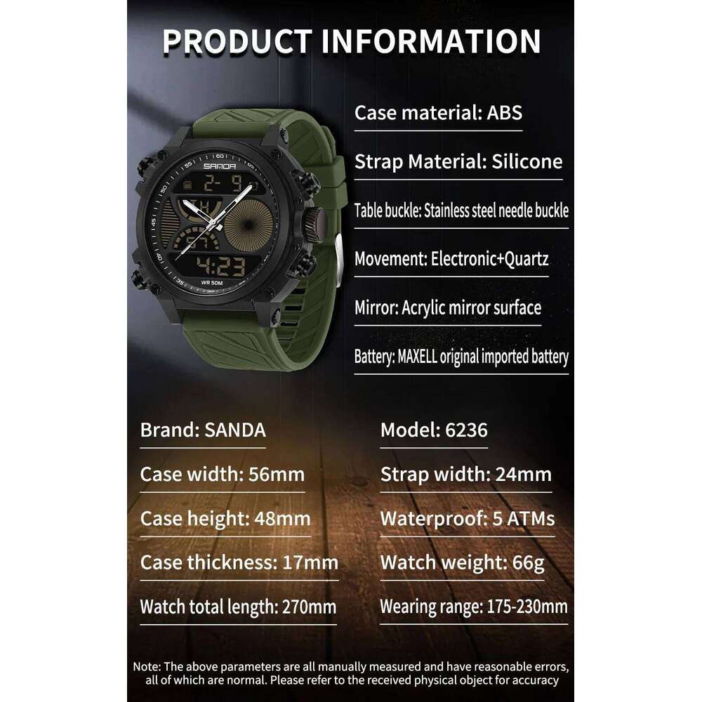 SANDA 6236 New Electronic Watch Sport Fashion Large Dial Dual Screen Multi functional Waterproof LED Night Light Men Watche