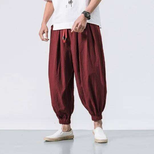 Japanese Loose Men's Cotton Pants Male Summer New Breathable Solid Color Linen Trousers Fitness Streetwear Plus Size M-4XL