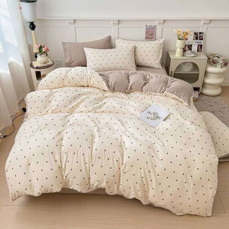 Korean Dot Bedding Ins Washed Cotton Cream Three or Four-piece Soft Girl Duvet Cover No Filler Pillowcase Flat Bed Sheet Set H260312